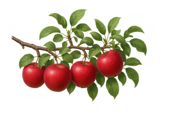 Ripe red apples hanging from leafy branch, isolated on transparent background, perfect for graphic design compositing - Powered by Adobe