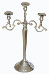 A gleaming silver candelabra with three arms and a timeless design, set against a clean white background. This elegant piece evokes sophistication, ideal for enhancing festive, luxury, antique themes.