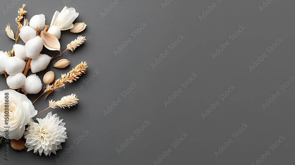 Poster an array of elegant, white flowers artfully arranged with delicate seed pods, creating a serene and 