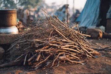 A pile of dry thin branches on a dirt ground with metal pots  a makeshift tent in the blurred background