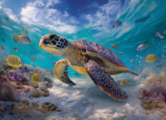Fototapeta premium A colorful sea turtle swimming gracefully near the sandy ocean floor