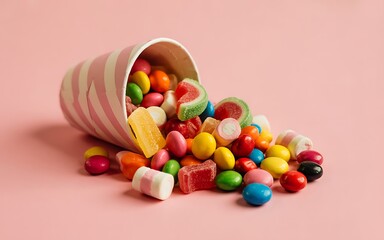 Colorful assorted candies, including candy corn and chocolates, are sweetly displayed in a glass bowl
