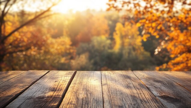 Autumnal wooden table top with out-of-focus fall foliage