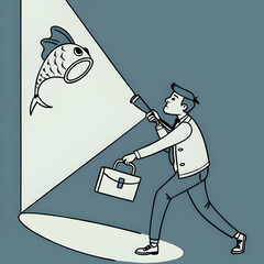 A young man with a briefcase uses a flashlight to find a fish in the dark. The scene is depicted in a minimalist style.