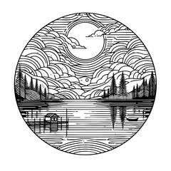 Serene Lake Landscape: Sun, Clouds, and Trees