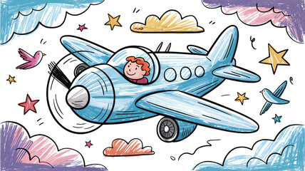Crayon Style Blue Airplane Cartoon with Child and Clouds vector illustration,Generative Ai