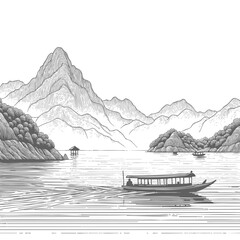 Serene Lake Landscape: Boat on Calm Water with Majestic Mountains