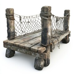 Naklejka premium A rustic wooden bridge with thick posts and rope netting, showcasing weathered textures and sturdy design, isolated on a white background.