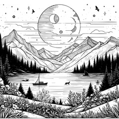 Serene Night Landscape: Moonlit Lake and Mountains