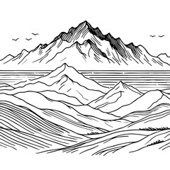 Majestic Mountain Landscape: Black and White Line Art