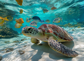 Obraz premium A colorful sea turtle swimming gracefully near the sandy ocean floor
