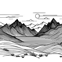 Serene Mountain Lake Landscape: Minimalist Black and White Nature Art