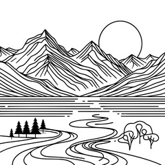Serene Mountain River Landscape: Minimalist Line Art
