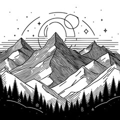 Geometric Mountain Landscape: Black and White Line Art Print