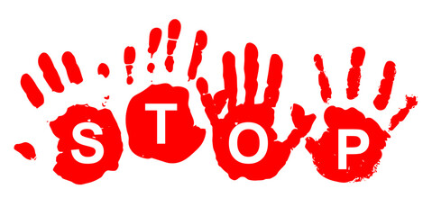 Stop text in handprint vector, a direct symbol for prohibition or interruption. Ideal for warning signs, command messages, safety alerts, or quick action indicators.