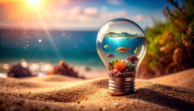 Pecera en forma de bombilla con peces tropicales y corales en miniatura sobre la arena de una playa