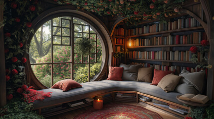 Fototapeta premium Cozy reading nook with circular window view. Rustic bookshelves, lush greenery, and warm lighting. Perfect for storytelling, fantasy, or interior design concepts.