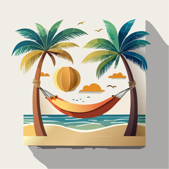 A serene vector card showing a hammock between two palms by the sea, relaxing and joyful in sunny Bauhaus tones.