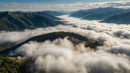Low-Altitude Clouds Flowing Through Mountain Peaks – Serene Nature Scene Featuring Misty Valleys, Rolling Fog, and Majestic High-Altitude Landscapes