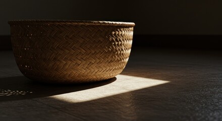 A beautifully woven basket resting on a sunlit floor, casting shadows in a serene room