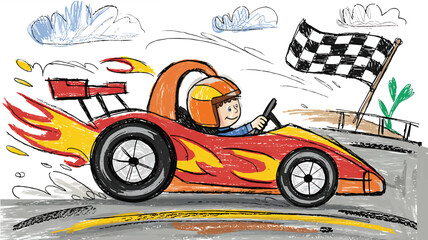 Crayon style Red Racing Car with Child Driver and Fire Trail Vector Illustration,Generative Ai