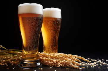 Two tall glasses of beer, filled with golden yellow wheat beer and white foam on top
