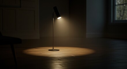 A modern floor lamp illuminates a dimly lit room, casting a warm glow on wooden floors