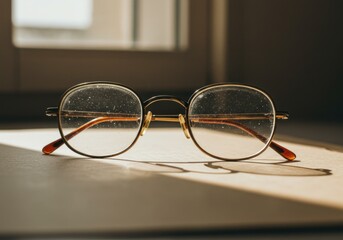 A pair of vintage glasses resting on a table, illuminated by soft sunlight