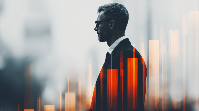A businessman in profile with glasses stands against a blurred background overlaid with dynamic orange and white bar graphs symbolizing financial growth.