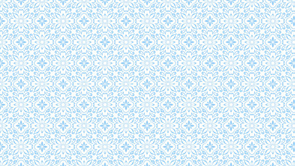 Seamless light blue floral pattern with repeating flower and quatrefoil motifs on a white background
