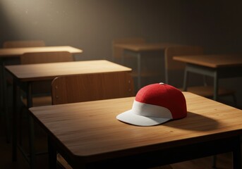 A red and white cap resting on a wooden desk in an empty classroom with sunlight
