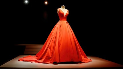 Obraz premium Deep neckline red evening gown worn by mannequin with long shadow on stage