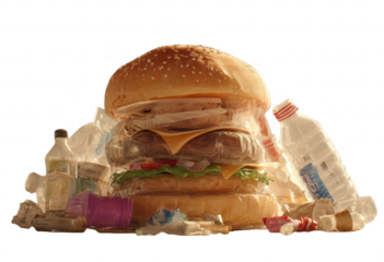 Large burger surrounded by plastic waste