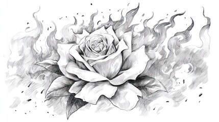 Detailed pencil drawing of a rose in flames