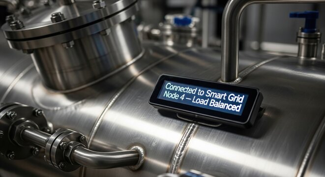 Industrial machinery with a digital display indicating connection to a smart grid system for load balancing.