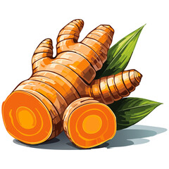 Turmeric root vector color illustration in sketch style. Line art of useful spice for packaging and design.