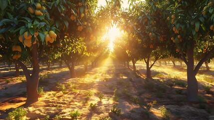 A mango orchard at sunset, with rows of trees heavy with ripe fruit casting long shadows on the golden earth below