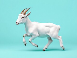 Fototapeta premium White goat running against teal background