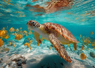 Fototapeta premium A colorful sea turtle swimming gracefully near the sandy ocean floor
