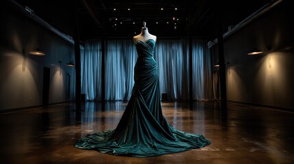Velvet emerald green gown draped on mannequin under ambient lights on a runway