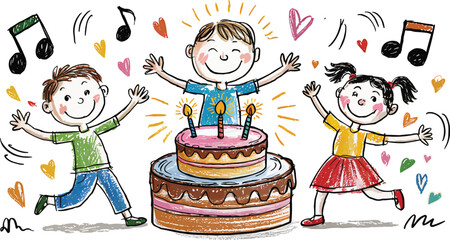 Kids dancing around a birthday cake with music and fun vector illustration,Generative Ai