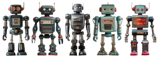 PNG Vintage robots standing together, element set on transparent background