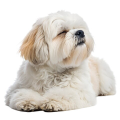 A fluffy white shih tzu dog lies down with its eyes closed, looking peaceful and relaxed against a white background, isolated on transparent background