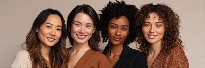A close-up of four professional women with varied hairstyles and outfits standing side by side Their expressions radiate confidence and