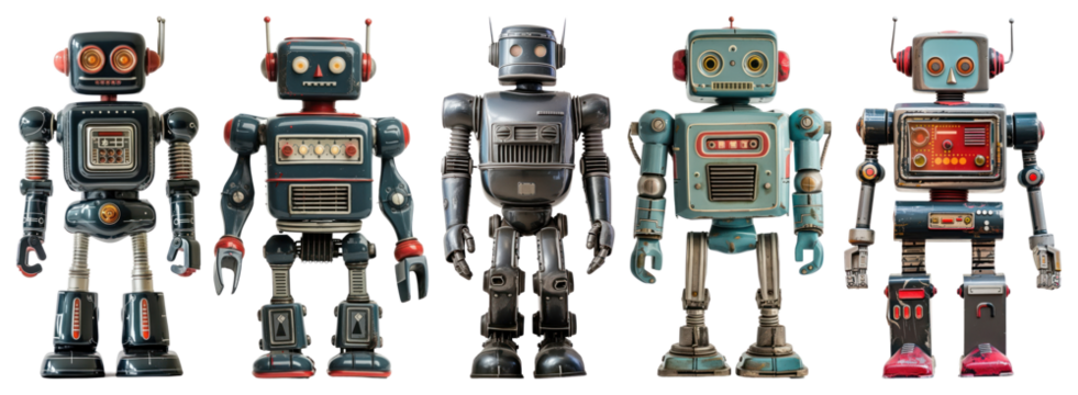 PNG Vintage robots standing together, element set on transparent background