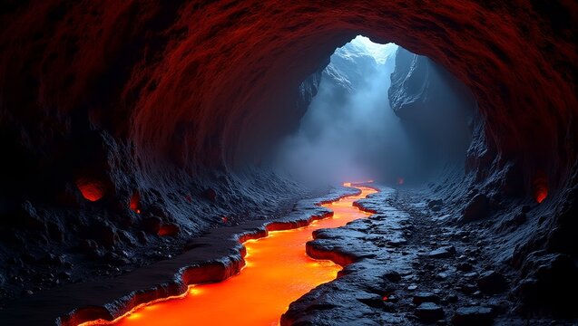 Molten Lava River Flowing Through Volcanic Cave