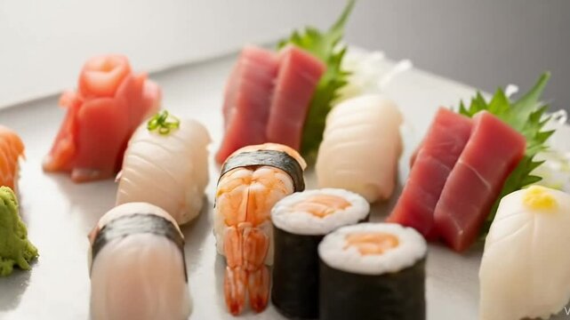 Barco de sushi minimalista com fundo claro e composi&ccedil;&atilde;o zen, destacando frescor, equil&iacute;brio e harmonia est&eacute;tica.