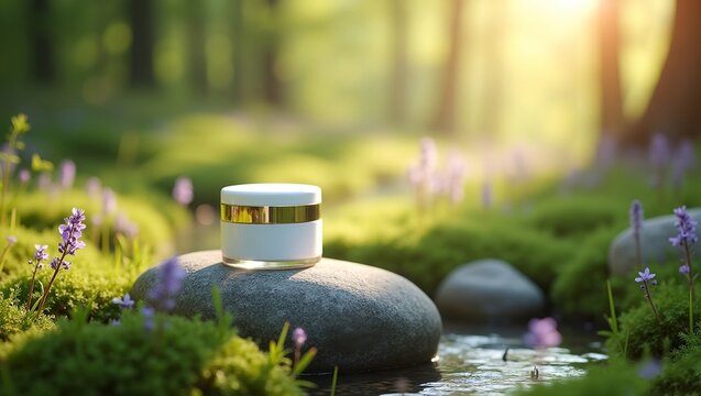 Luxury Cosmetic Jar on Stone in Natural Forest Setting premium white and gold cosmetic jar is elegantly placed on a smooth stone surrounded by moss, wildflowers, and a serene forest background.