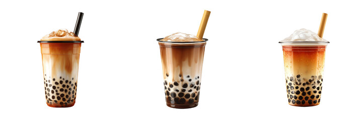 Bubble Tea Cups with Tapioca Pearls and Straw – transparent background PNG