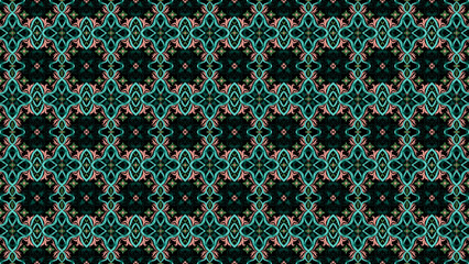 A repeating pattern of teal and pink floral designs on a dark background in a symmetrical layout